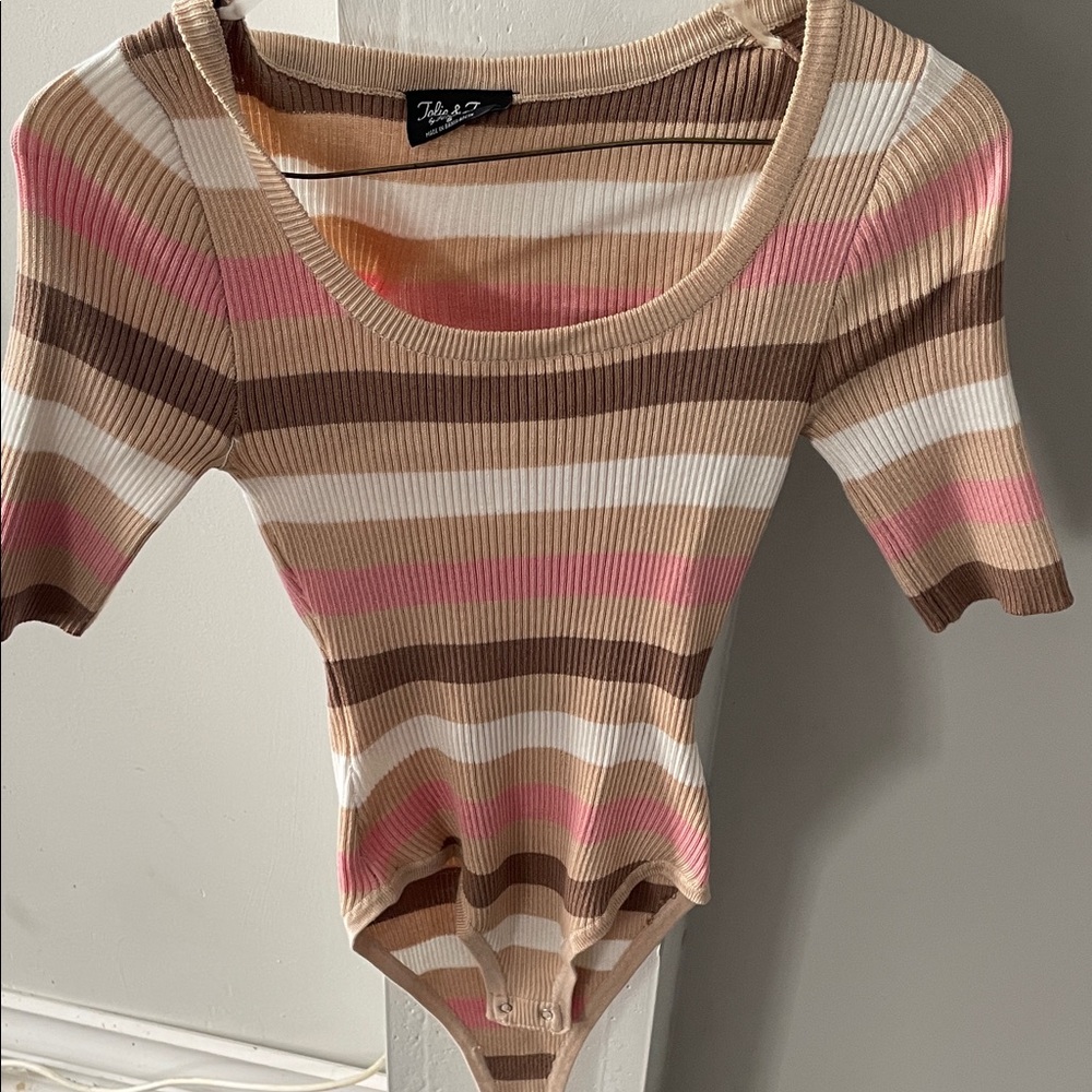 Striped Ribbed Bodysuit - Pink, Brown, and White